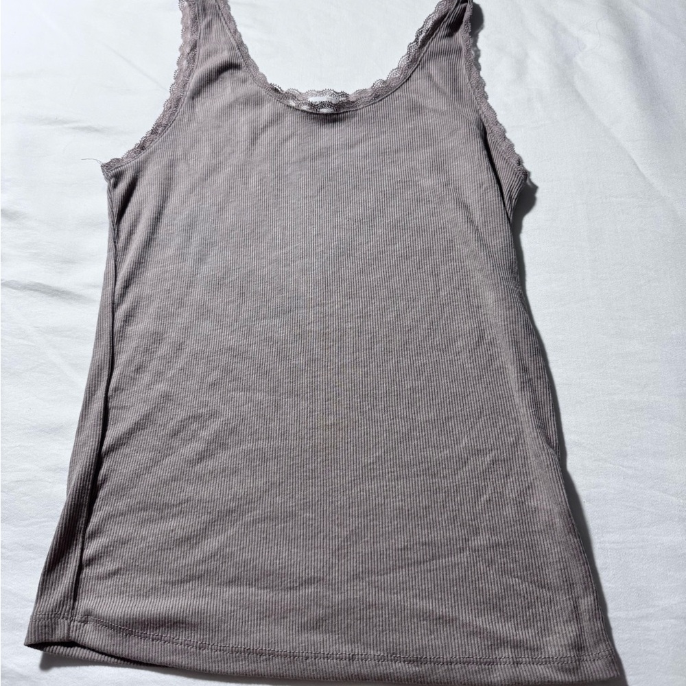 Active USA Ribbed Lace Trim Tank Top Taupe Brown Scoop Neck Camisole Medium